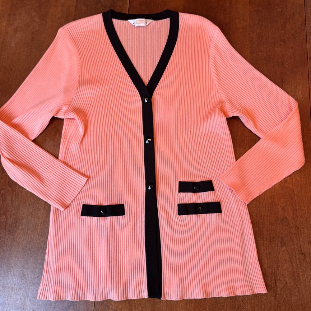Misook Cardigan Women XL Coral Pink Ribbed Knit V-Neck Contrast Trim Button Fron